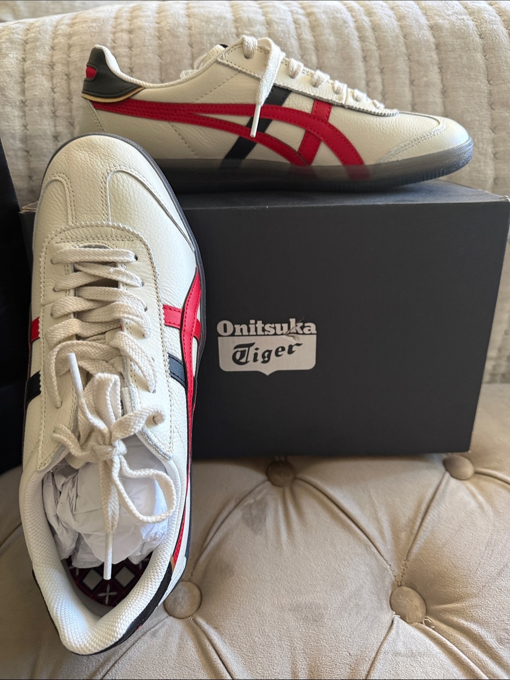 Onitsuka Tiger by Asics White Sneakers with Red & Black Stripes